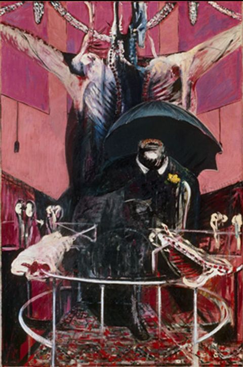 Painting. A painting of a pink and red interior space with a circular, cage-like form in the centre that rests on an ornate rug. Rising from the cage is black spectre, with their upper face cast into shadow by a black umbrella. Above them a suspended form resembling an animal carcass can be seen.