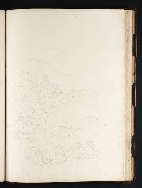Digital facsimile. The open page of an artist’s notebook containing a delicate line drawing of a landscape. The faint, textural outlines of mountains can be seen in the distance, and in the foreground, the outlines of verdant shrubs can be seen.