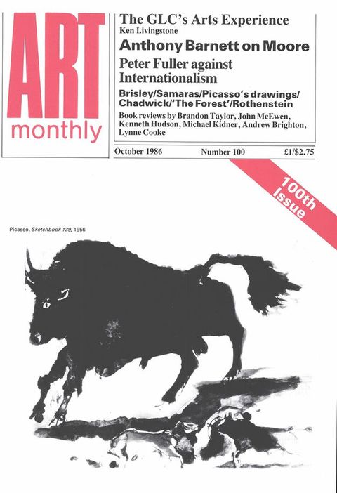 Cover of a magazine. An off-white background contains bright red text in the top left reading, ‘Art Monthly’. To the upper right is a list of magazine highlights, along with the details, ‘October 1986, Number 100.’ Below is an expressive black drawing of a bull, accompanied by the caption, ‘Picasso, Sketchbook 139, 1956’. 