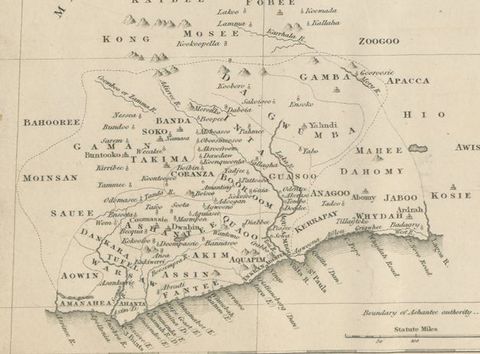 Colour map. A detailed section of a map showing areas of the African continent, including Zoogoo, Apacca, Gwumba, Moinsan, Sauee and Bahooree. In the lower left reads the text ‘Boundary of Ashantee authority.’