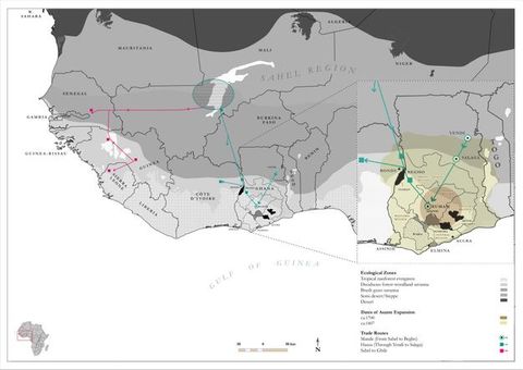 Colour map. A small section of map in green, blue, and brown colours is encircled with an ellipsis shape. Above the shape reads the passage of text ‘West African Basin.’