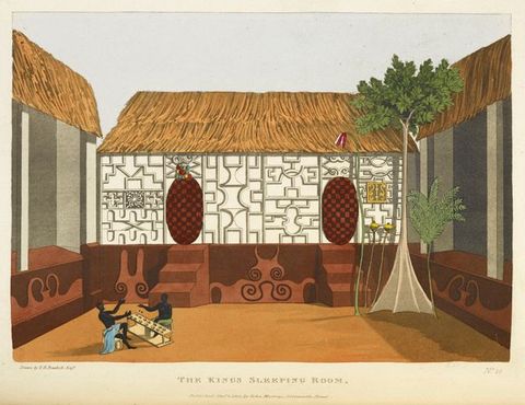 Drawing. A colourful drawing of the view into an open space, containing plants, trees and architectural features decorated with colourful and detailed patterns. On the lower left two men wearing colourful drapes on their lower bodies sit at a table facing one another, with arms raised as if playing a game. Across the lower centre reads the text, ‘The Kings Sleeping Room.’