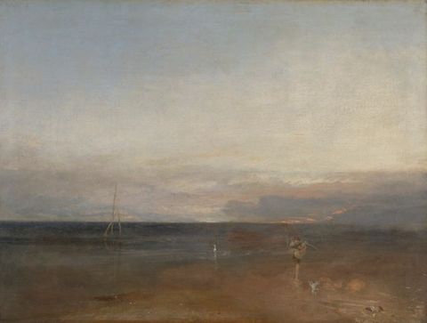 Painting. A beach scene painted in muted shades of blue, beige, and brown, seen from a low viewpoint, with a large, light-infused sky. In the distance a small structure emerges out of the water, while further ashore a person playing with a small animal is just visible.