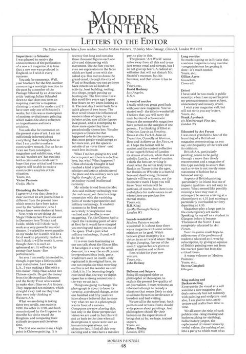 Page of a magazine. Title text reads, ‘Modern Painters / Letters to the Editor’. Below are a series of letters written to the magazine editor, with the names of the authors below them, arranged across the page into four columns. A footer at the bottom of the page reads, ‘Modern Painters’.