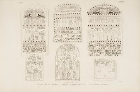 Page of a book. In this black and white page from a book we see a group of six individual illustrations, each numbered from one to six. Each drawing is a panel featuring Egyptian illustrations and hieroglyphics arranged into rows. On the top left reads the text, ‘Antiques.’