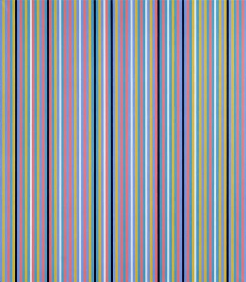 Painting. A square format abstract artwork made from thin strips of close, contrasting vertical bands in shades of lilac, pink, yellow, black, and white. Seen together as a whole, the lines create a shimmering, heat-haze effect. 