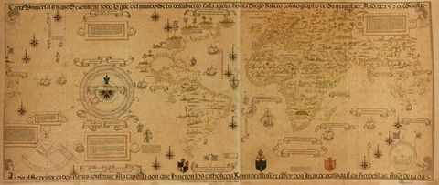 Colour map. This colourful map is printed onto beige paper, and includes a series of detailed illustrations, including heraldry, ships, trees and plants, along with scientific instruments. Text runs along the top and bottom edges of the map.