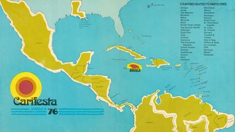 Poster. A poster featuring a colourful map with blue water and green land. Jamaica is situated in the centre, coloured in pink, and outlined in orange and yellow. On the lower left corner reads the black text ‘Carifesta 76’, accompanied by a circular motif in pink, orange and yellow. On the top right, the text reads ‘Countries invited to participate,’ below which is a list of countries including Antigua, Martinique, Mexico and Colombia.