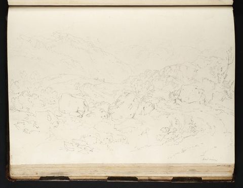 Digital facsimile. The open page of an artist’s notebook containing a delicate line drawing of a landscape. The faint, textural outlines of mountains can be seen in the distance, and in the foreground, rocks and shrubs can be seen.