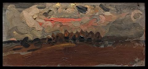 Painting. A richly textured abstract painting, with shades of grey, yellow, and coral pink in the upper half, and brown and black in the lower half. A band of dark, zig-zagged paint runs across the centre of the image, resembling a horizon line. In the lower right, a signature reading ‘Eardley’ can just be read.