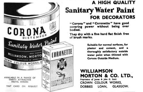 Black and white advertisement. A horizontal format advertisement, featuring text and imagery. On the left is an illustration of a paint tin with the words ‘Corona Distemper / Sanitary Water Paint’, alongside a drawing of a cardboard container reading, ‘Coronette / Dry Distemper’. On the right, the words ‘A High Quality Sanitary Water Paint for Decorators’ are printed.