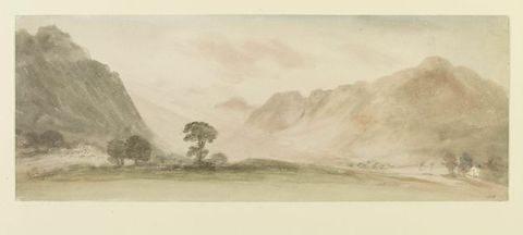Painting. A panorama of a mountainous landscape, seen from a low viewpoint, and painted in muted shades of green and grey. Steep mountains frame either side of the image, and in the centre, a flat open area of grassy ground contains a smattering of trees.