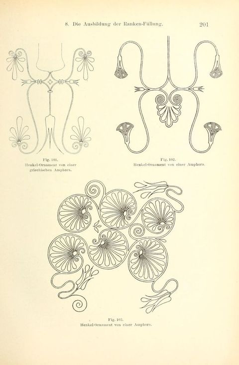 Page of a book. In this book page we see three separate, ornate illustrations, each one forming a distinct curvilinear shape resembling plants, leaves and flowers. They are numbered Fig 101, Fig 102, and Fig 103. The title of the page reads, ‘Die Ausbildung der Ranken-Fullung’.